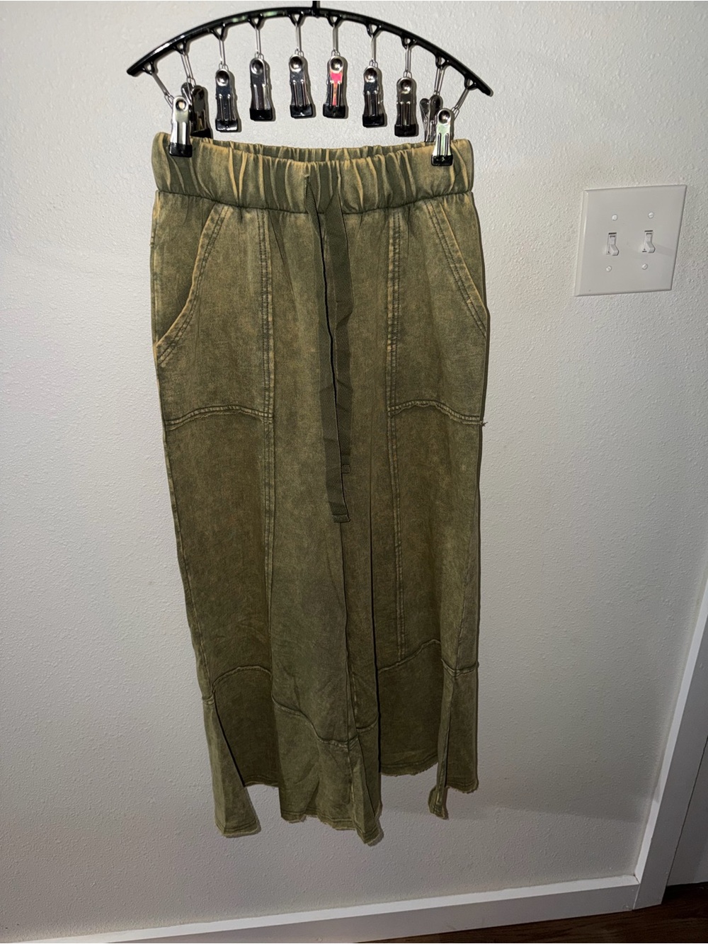 Zenana Outfitters French Terry Olive Wash Flare Drawstring Pants NWOT - Picture 2 of 10